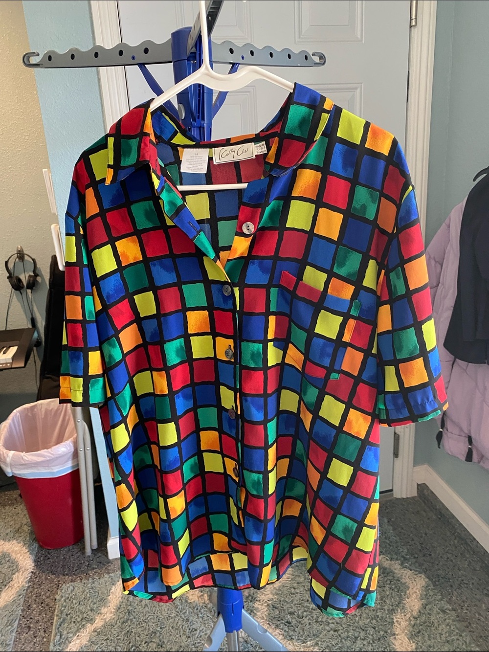 Multicolor Grid Short-Sleeve Button-Down Shirt - Colorful Check Print
